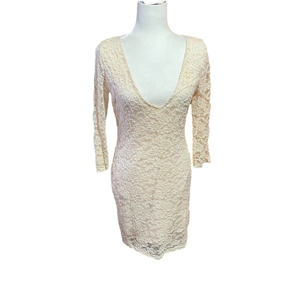 ASOS Cream Lace Mini Dress- Stretchy-V Neckline-Size 10-Floral Design-Lined - Picture 1 of 10